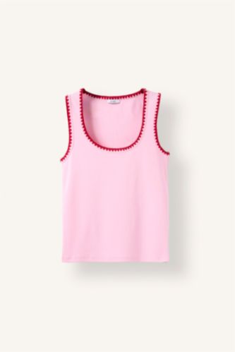 Women Pink Slim Fit Ribana Round Collar Tank Top