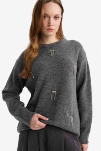 Regular Fit Bisiklet Yaka Taşlı Triko Kazak Tunik