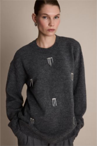 Regular Fit Bisiklet Yaka Taşlı Triko Kazak Tunik