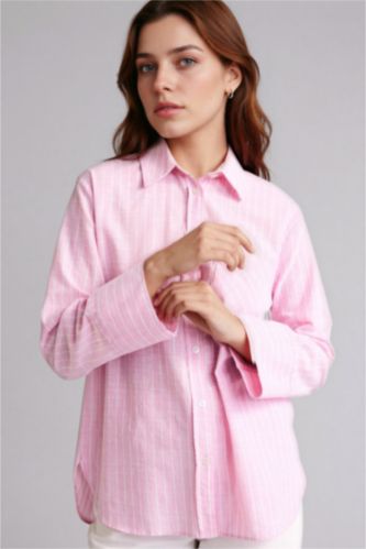 Woman Light Pink Relax Fit Striped Long Sleeve Tunic