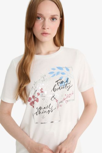 Regular Fit Bisiklet Yaka Çiçekli Kısa Kollu Tişört
