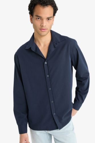 Regular Fit Polo Neck Woven Long Sleeve Shirt