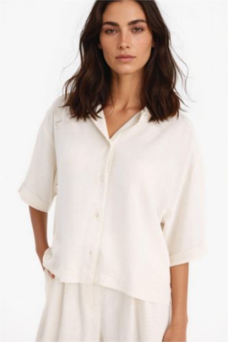 WOMAN Ecru Oversize Shirt Collar Linen Blended Short Sleeve Shirt