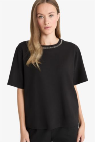 Regular Fit Crew Neck Embroidered Printed Crepe T-Shirt