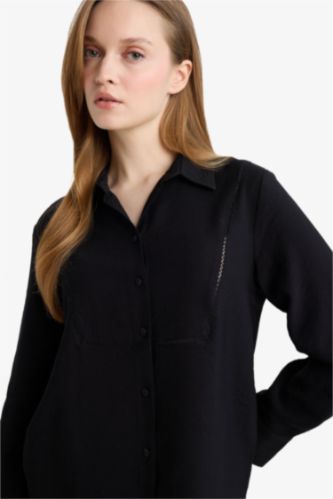 Женщины Черный Туника Regular Fit с рубашечным воротником и длинным рукавом
