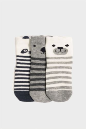 Erkek Bebek Kaydırmaz Taban 3'lü Pamuklu Uzun Çorap