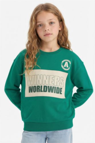 Girl Relax Fit Crew Neck Slogan Printed Sweatshirt