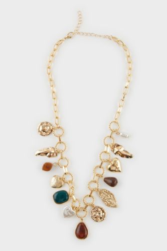 Kadın Kahverengi Taşlı Gold Kolye