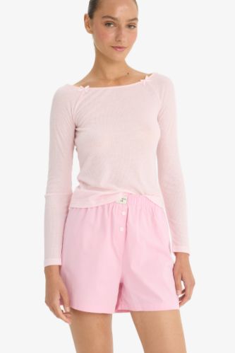 Regular Fit Kayık Yaka Uzun Kollu Ribana Pijama Üstü