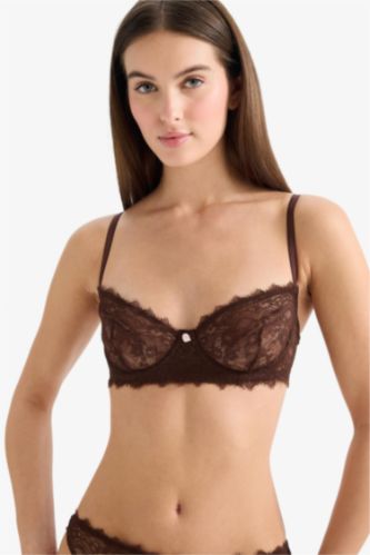 Kadın Kahve Bağcıklı Dantelli Kapsız Pedsiz Balenli Balkonet Sütyen