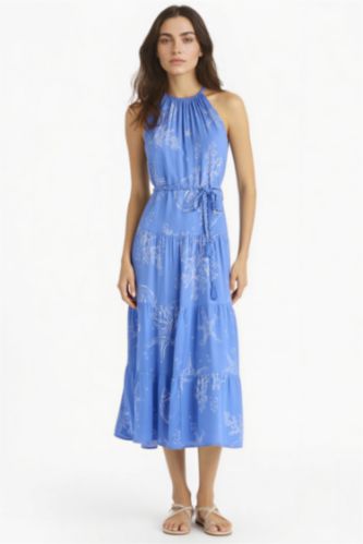 Woman Blue Halter Neck Printed Crinkle Viscose Sleeveless Midi Dress