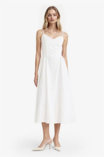V Yaka Poplin Askılı Midi Elbise