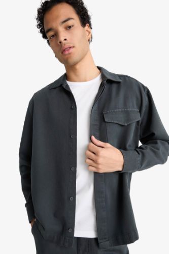 Boxy Fit Polo Neck Twill Long Sleeve Shirt