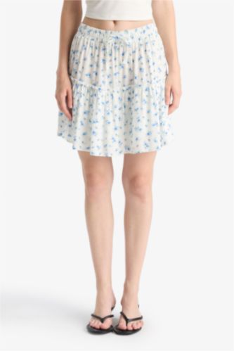 Women Blue Patterned High Waist Cotton Lining Crinkle Viscose Mini Skirt