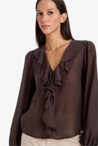 Regular Fit V-пішінді жағалы бүрмелі матадан тігілген ұзын жеңді блузка