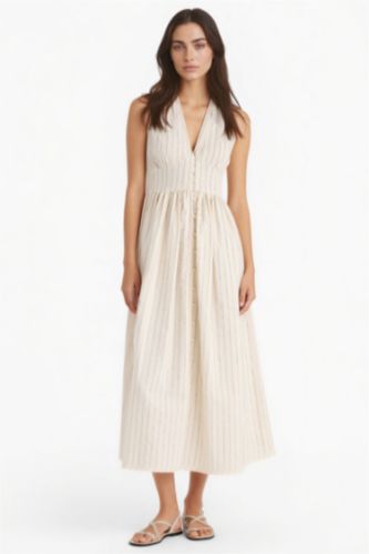 Kadın Ekru V Yaka Çizgili Poplin Kolsuz Midi Elbise