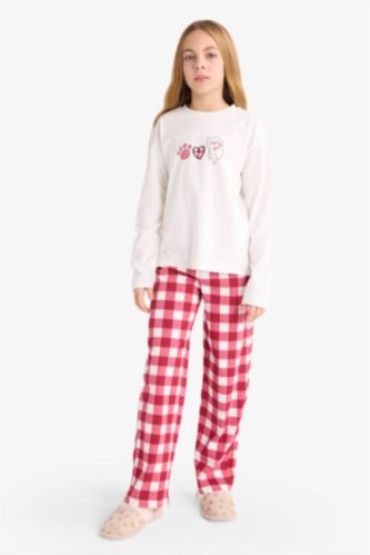 Kız Çocuk Pijama Takımı Baskılı Uzun Kollu Üst Kareli Uzun Alt