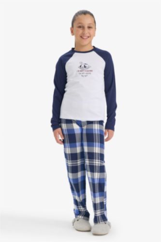 Kız Çocuk Pijama Takımı Baskılı Uzun Kollu Üst Kareli Uzun Alt 