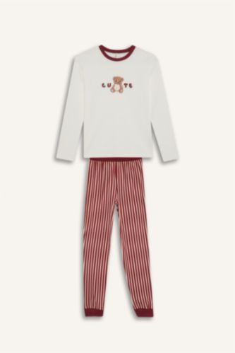 Kız Çocuk Pijama Takımı Baskılı Uzun Kollu Üst Çizgili Uzun Alt