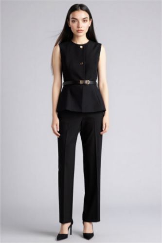 Woman Black Straight Fit Regular Hem Pocket Detailed Trousers