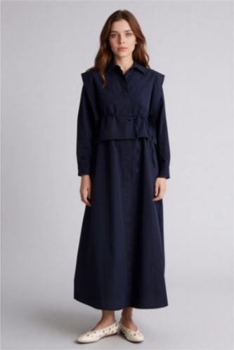 Kadın Lacivert Hakim Yaka Poplin Uzun Kollu Elbise