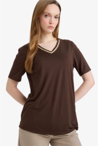 Женщины Коричневый Футболка Regular Fit с V-образным вырезом и коротким рукавом