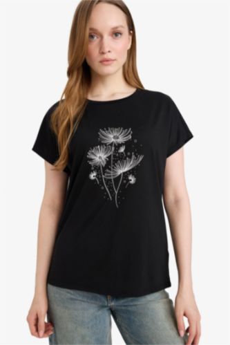 Әйелдерге қара Дөңгелек жағалы тас басылған қысқа жеңді футболка