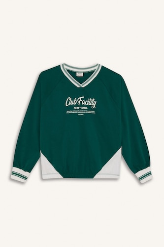 %100 Pamuk Oversize Geniş Kalıp V Yaka Baskılı Okul Sweatshirt Kız Çocuk