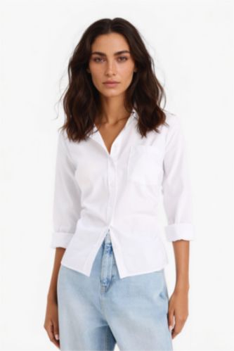 Woman White Slim Fit Bengalin Long Sleeve White Shirt