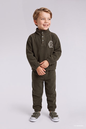 Baby Boys Dark Khaki 2 piece Regular Fit High Neck Embroidered Set