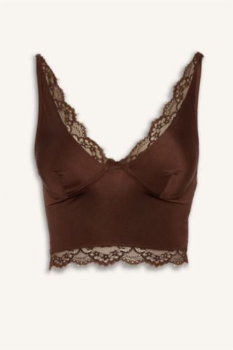 Kadın Kahve Saten Dantelli Üst