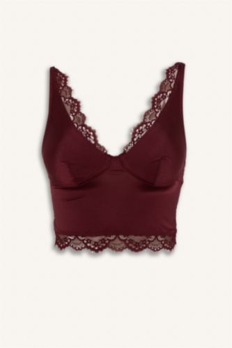 Kadın Bordo Saten Dantelli Üst