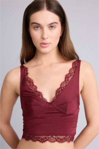 Kadın Bordo Saten Dantel Detaylı Üst