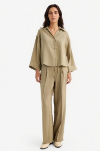 FEMME Kaki Pantalon large taille haute en modal