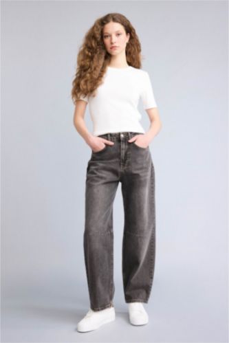 Kadın Antrasit Barrel Fıt Yüksek Bel Bilek Boy Jean Yıkamalı Pantolon