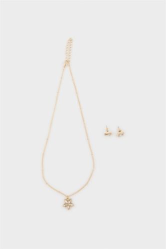 Kadın Çiçek Uçlu Gold 2'li Kolye Küpe Seti