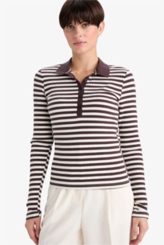 Slim Fit Dar Kesim Polo Yaka Çizgili Fitilli Kaşkorse Uzun Kollu Tişört