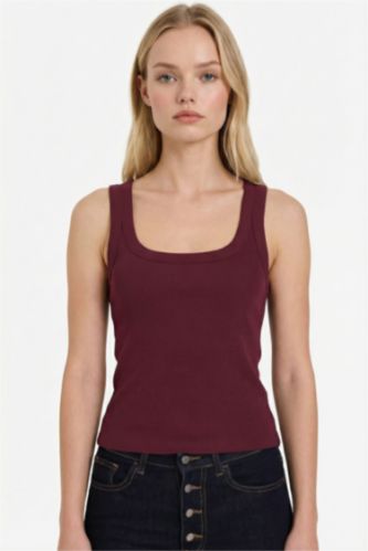 Женщины Бордовый Майка кашкорсе Fitted в рубчик с U-образным вырезом