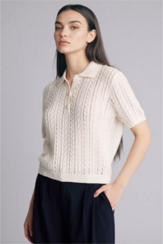 Woman Ecru Regular Fit Polo Collar Knitwear Pullover
