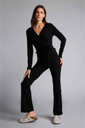 Kadın Siyah Yumuşak Dokulu İspanyol Paça Pantolon