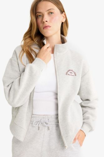 Relax Fit Yarım Balıkçı Yaka Baskılı Kalın Fermuarlı Sweatshirt