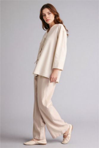 Woman Beige Wide Leg Linen Blended Trousers