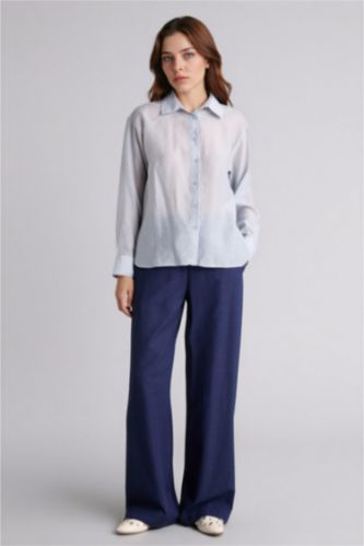 Kadın Lacivert Wıde Leg Keten Karışımlı Pantolon