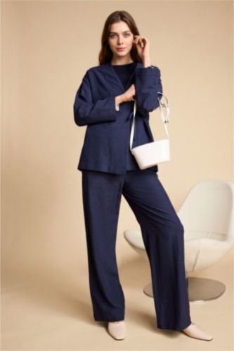 Woman NAVY Wide Leg Blended Linen Trousers