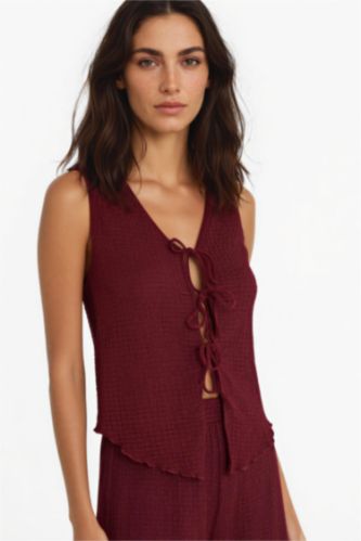 FEMME Bordeaux Top sans manches à col V et noeuds Coupe slim