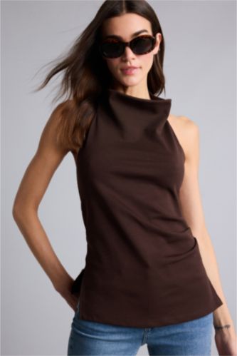 FEMME Marron Blouse à col halter Coupe ajustée