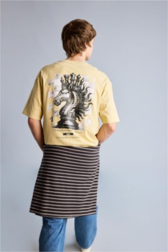 Erkek Sarı %100 Pamuk Boxy Fit Baskılı Tişört