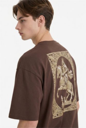 Erkek Açık Kahve %100 Pamuk Boxy Fit Baskılı Tişört