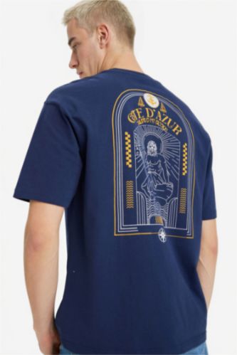 رجالي كحلي تيشيرت قطن 100% بطبعة أوفر سايز