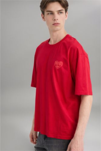 Erkek Kırmızı %100 Pamuk Boxy Fit Baskılı Tişört